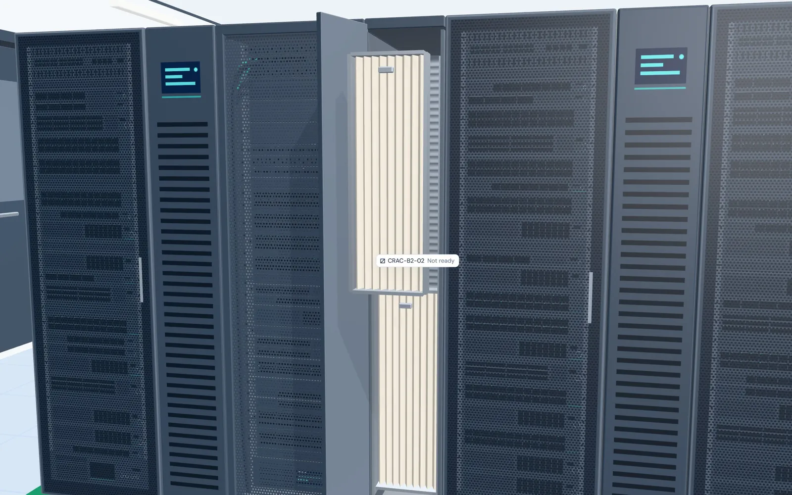 The in-row cooling unit CRAC-B2-02 in close-up in 3D, with one label marking it Not ready.
