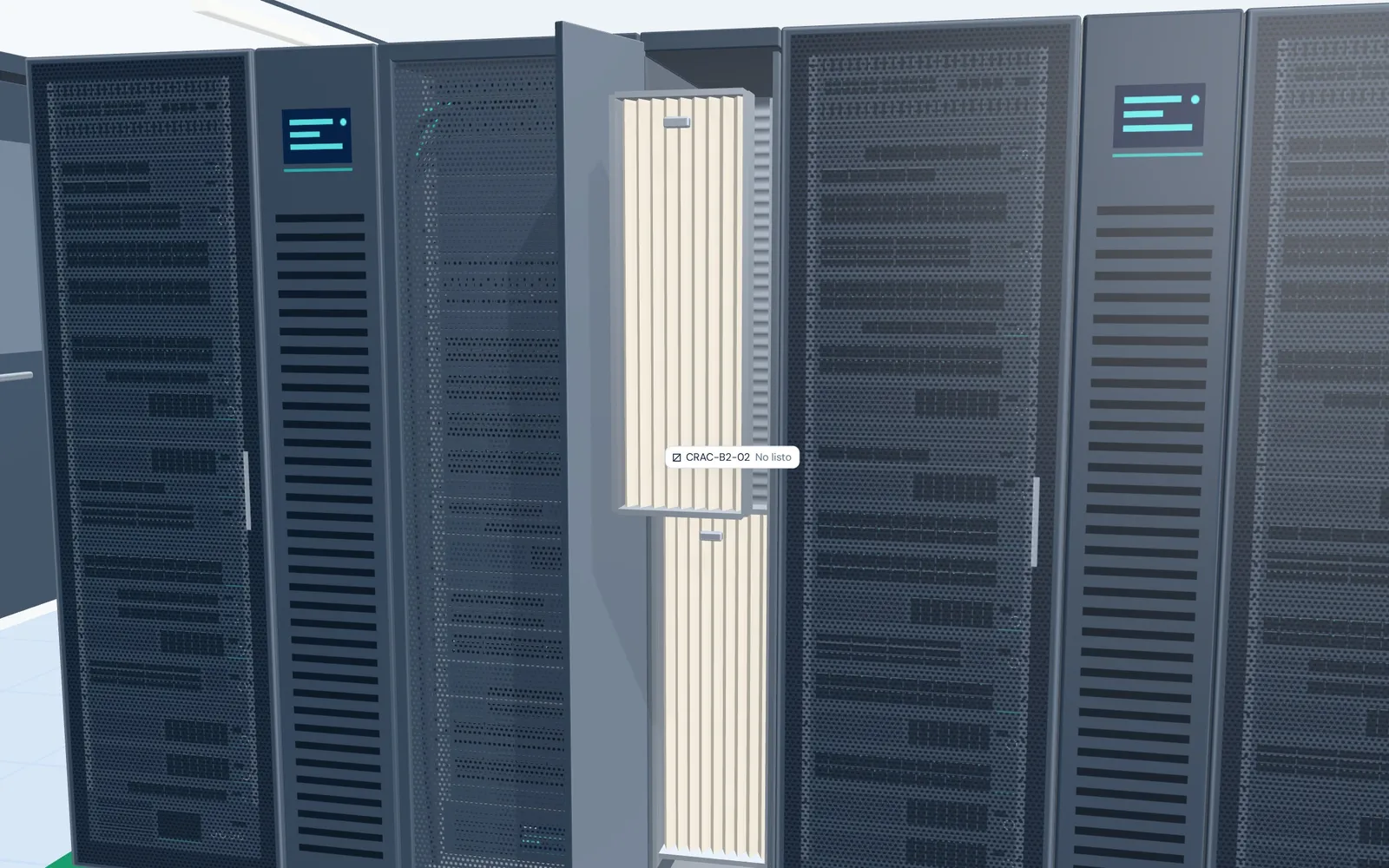 La unidad de refrigeración en fila CRAC-B2-02 en primer plano en 3D, con una etiqueta de No listo.