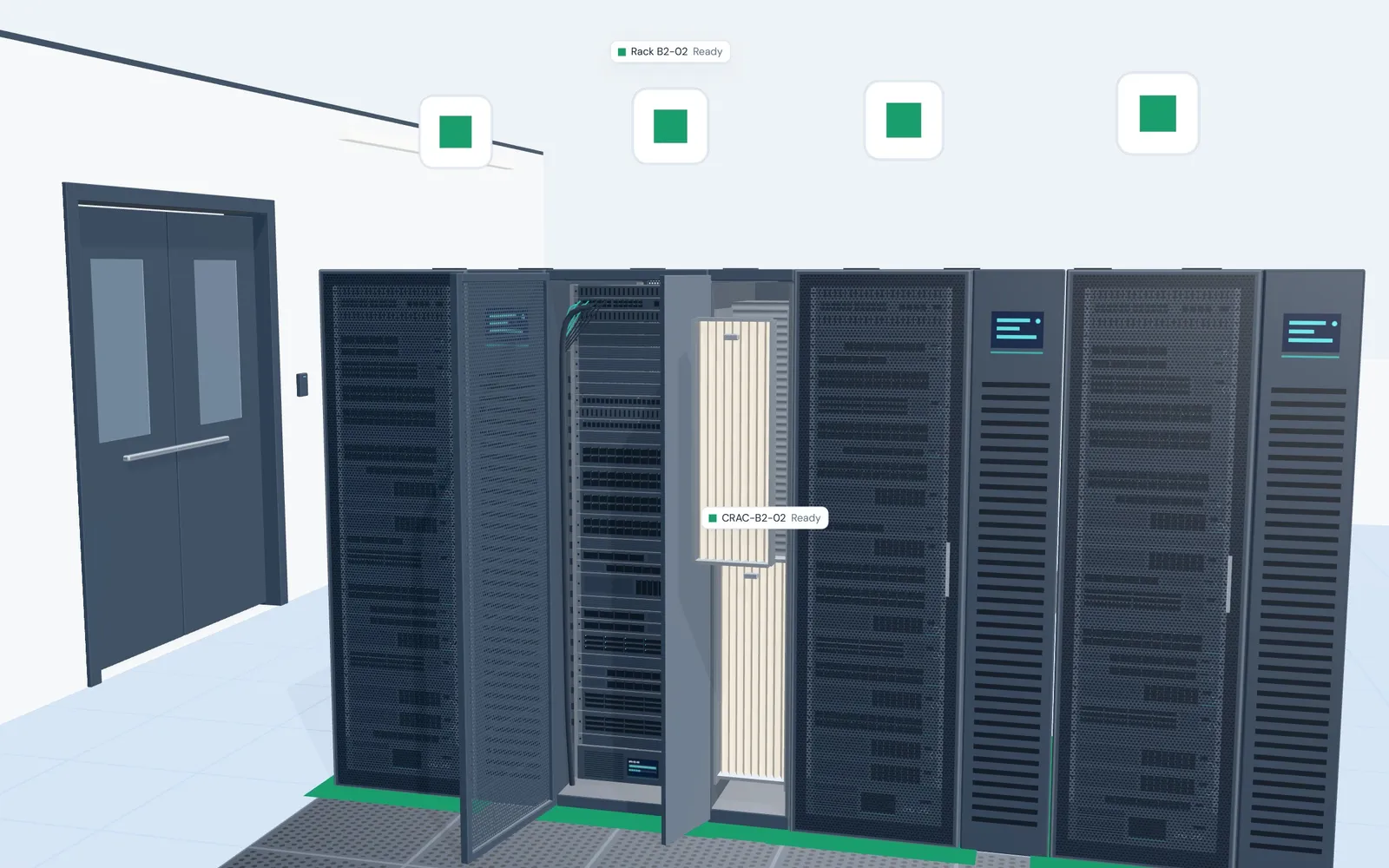 Rack B2-02 and its cooling unit CRAC-B2-02 in 3D after the check ran again, both labeled Ready.