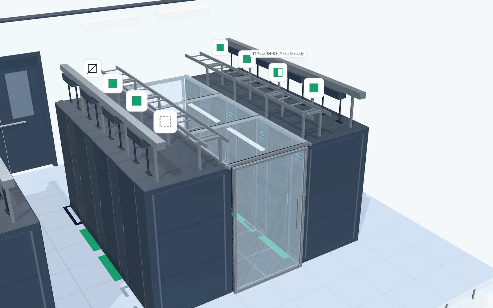 Row B4 of Hall B in 3D, seen down the cold aisle, with one label on Rack B4-03 marked Partially ready.