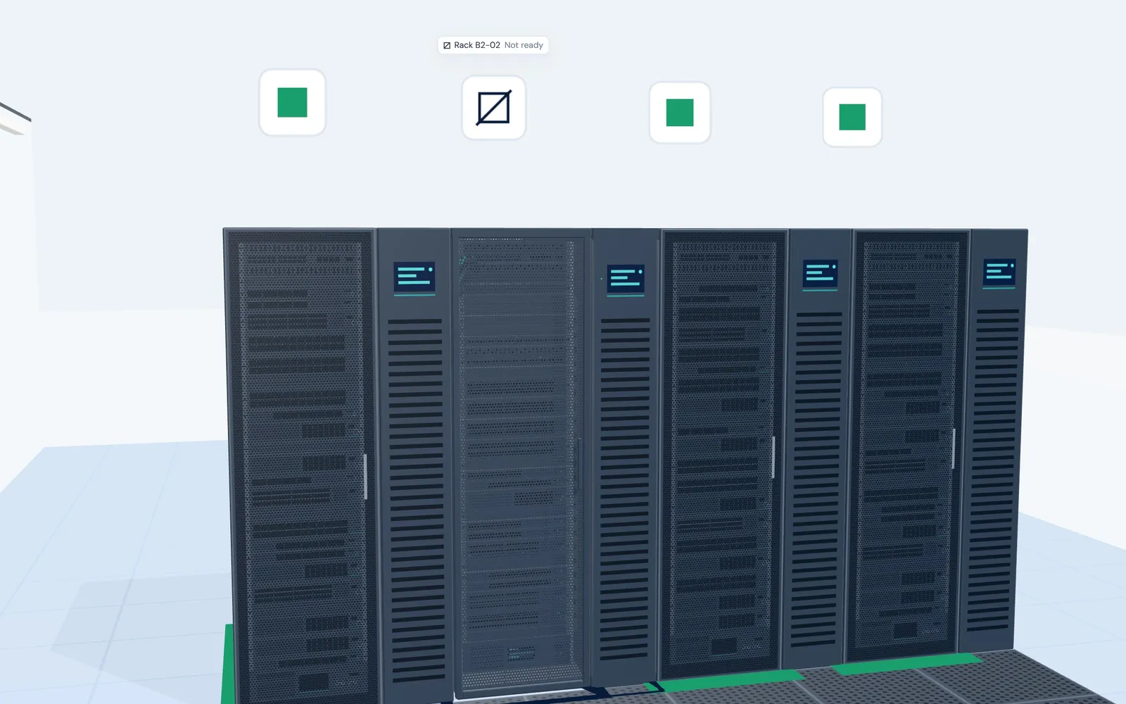 Rack B2-02 in 3D, closed, with one label marking it Not ready.