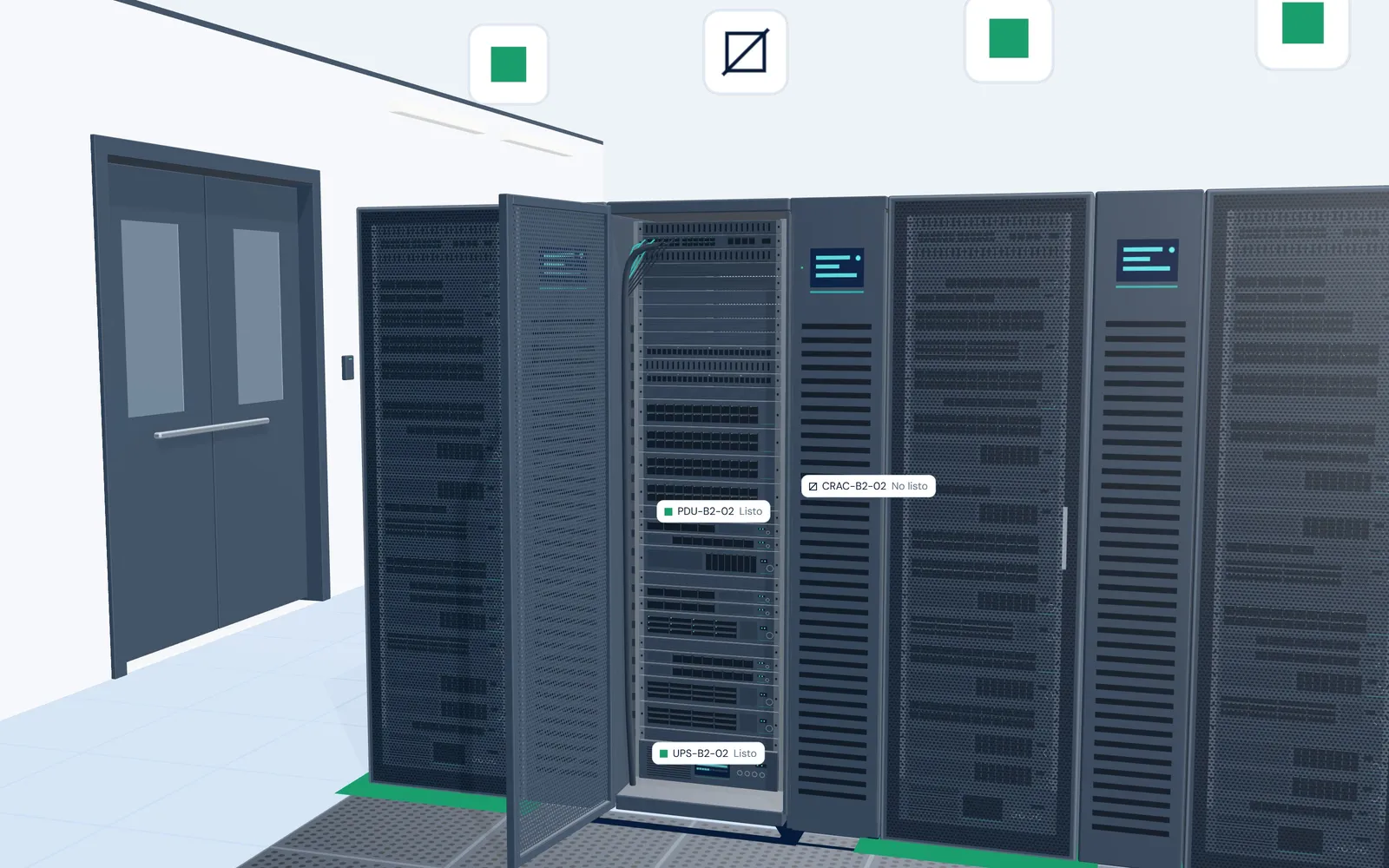 Rack B2-02 abierto en 3D: 10 servidores, una PDU, un SAI y la unidad de refrigeración en fila CRAC-B2-02, cada uno con su etiqueta. La unidad de refrigeración sale como No listo y el resto como Listo.