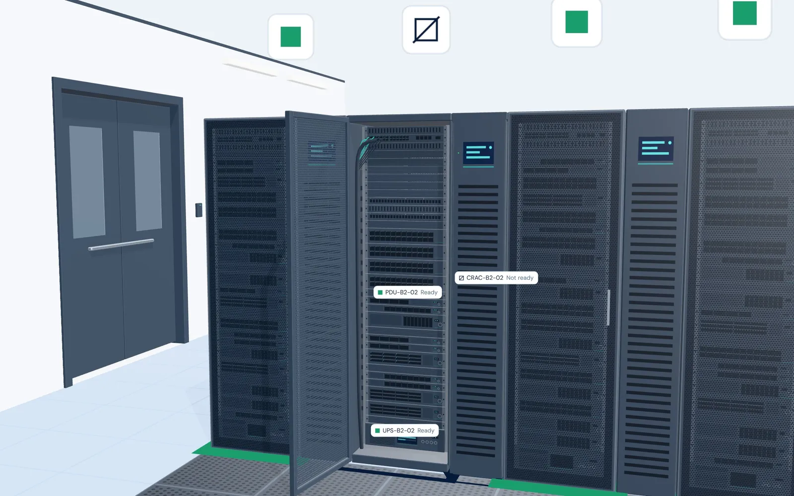 Rack B2-02 opened in 3D: 10 servers, a PDU, a UPS and the in-row cooling unit CRAC-B2-02, each with its own label. The cooling unit is marked Not ready and the rest Ready.
