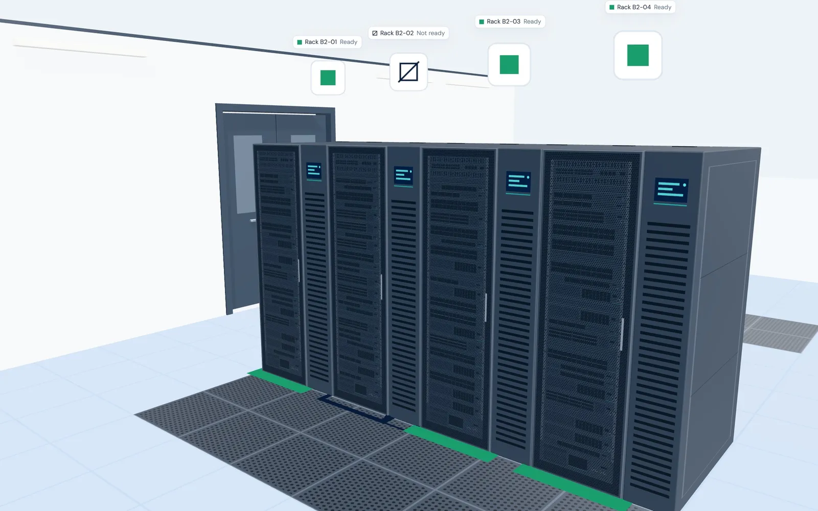 Row B2 in 3D: 4 racks side by side, each labeled with its state. Rack B2-02 is Not ready and the others are Ready.