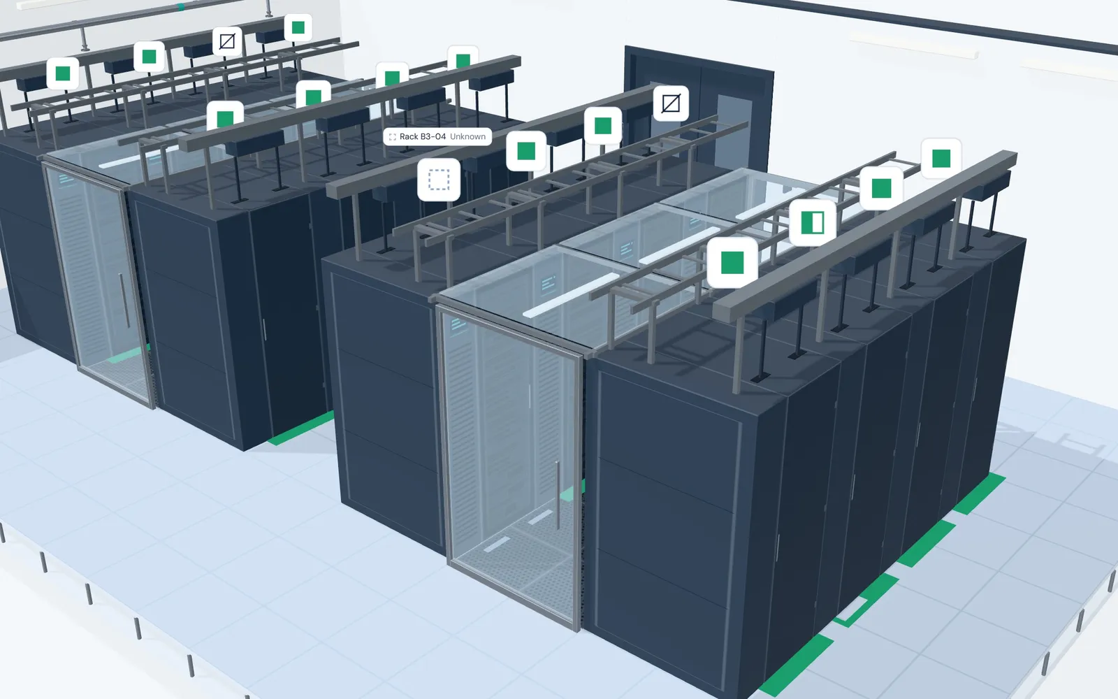 Row B3 of Hall B in 3D, seen down the cold aisle, with one label on Rack B3-04 marked Unknown.