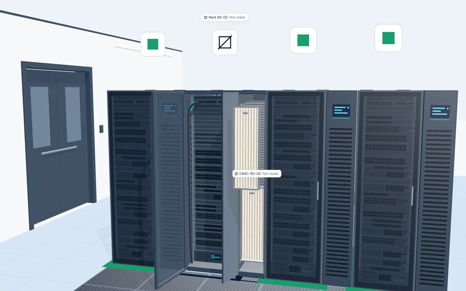 Rack B2-02 in 3D with its door open and the in-row cooling unit CRAC-B2-02 beside it open, its upper filter pulled out. Labels mark the rack and the cooling unit Not ready.