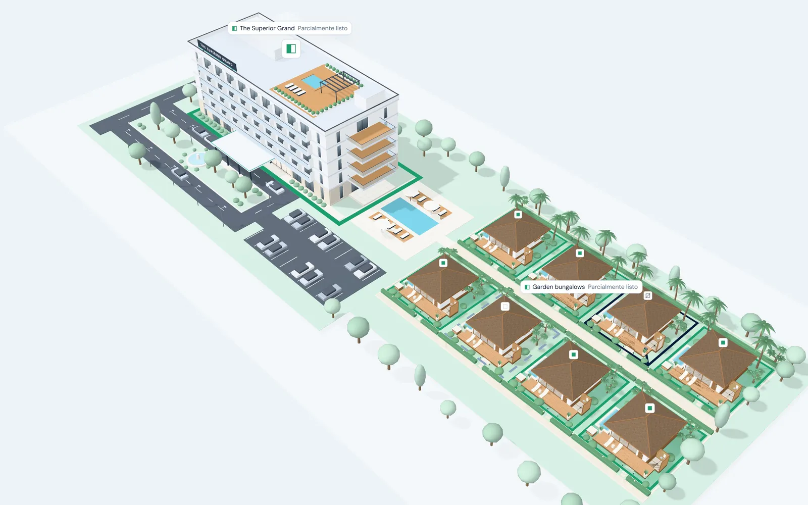 The Superior Grand en 3D, visto desde arriba: un hotel de 5 plantas con sus 8 bungalows en el jardín.