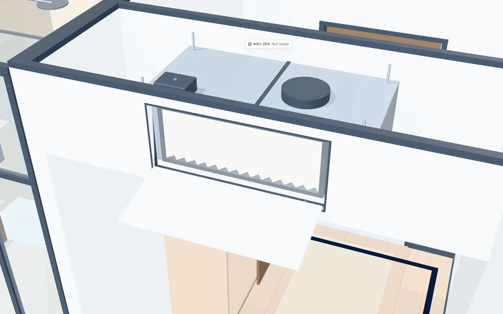 Air handler AHU-204 in close-up in 3D, with one label marking it Not ready.