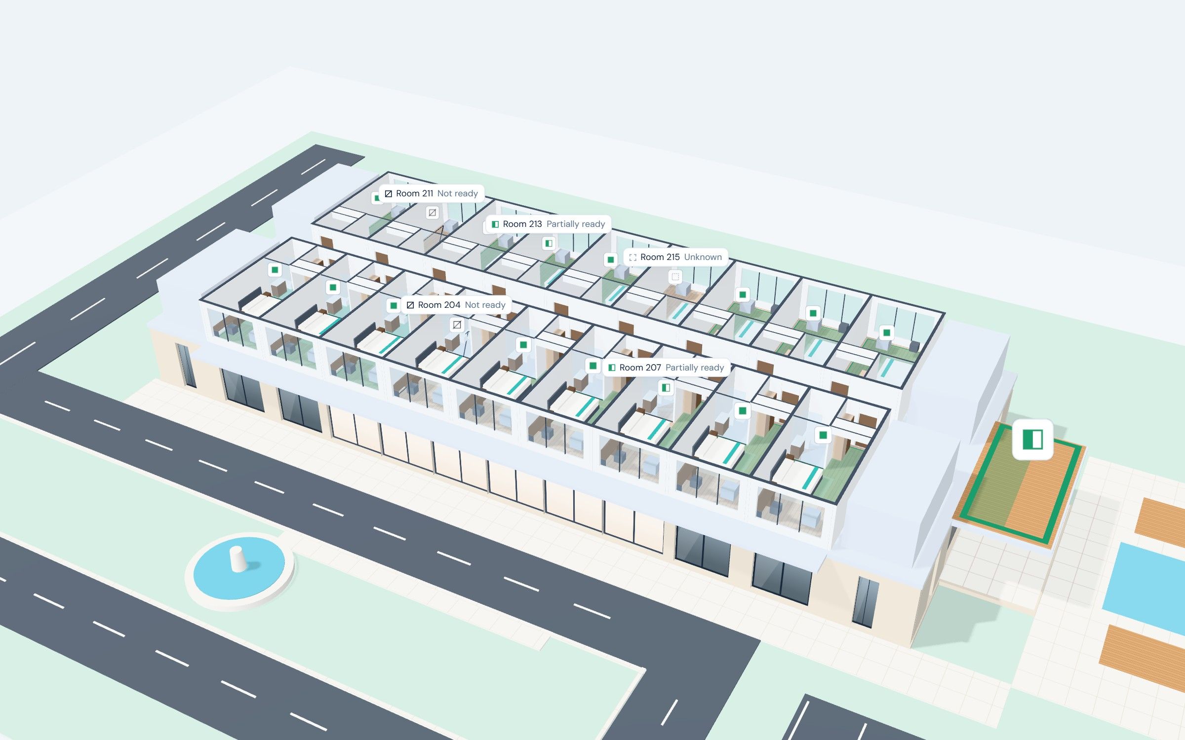 Floor 2 of The Superior Grand in 3D from above: rooms 201 to 218, each with a state plate. Labels mark the 5 rooms that are not fully ready.