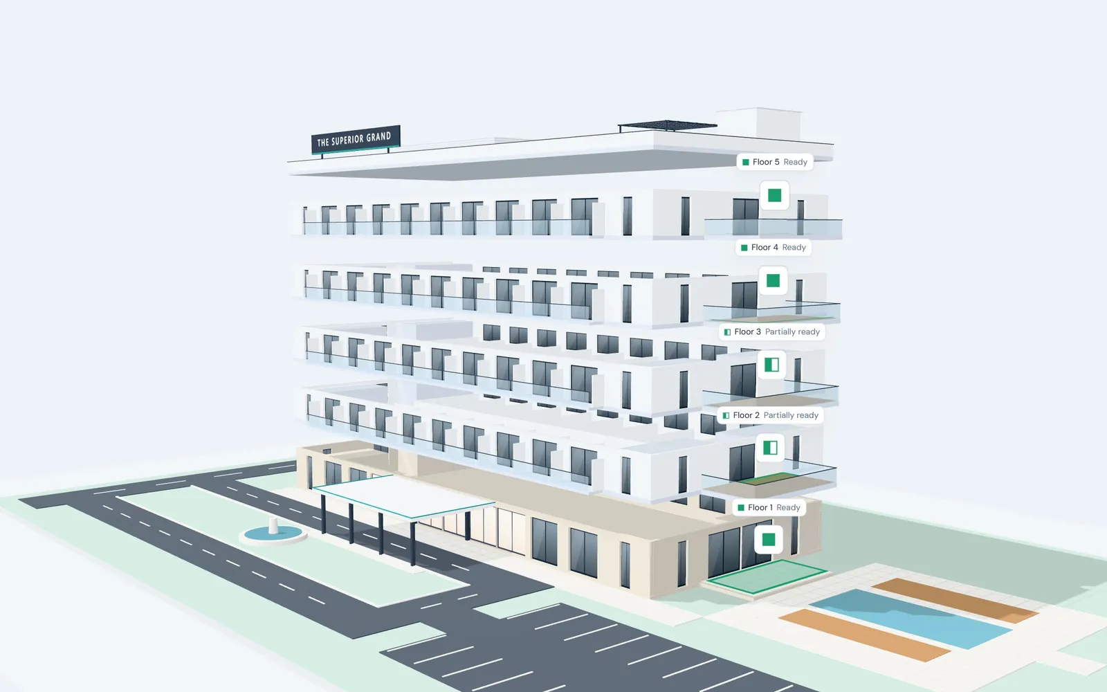 The 5 floors of The Superior Grand pulled apart in 3D, each labeled with its state. Floor 1, Floor 4 and Floor 5 are Ready, and Floor 2 and Floor 3 are Partially ready.