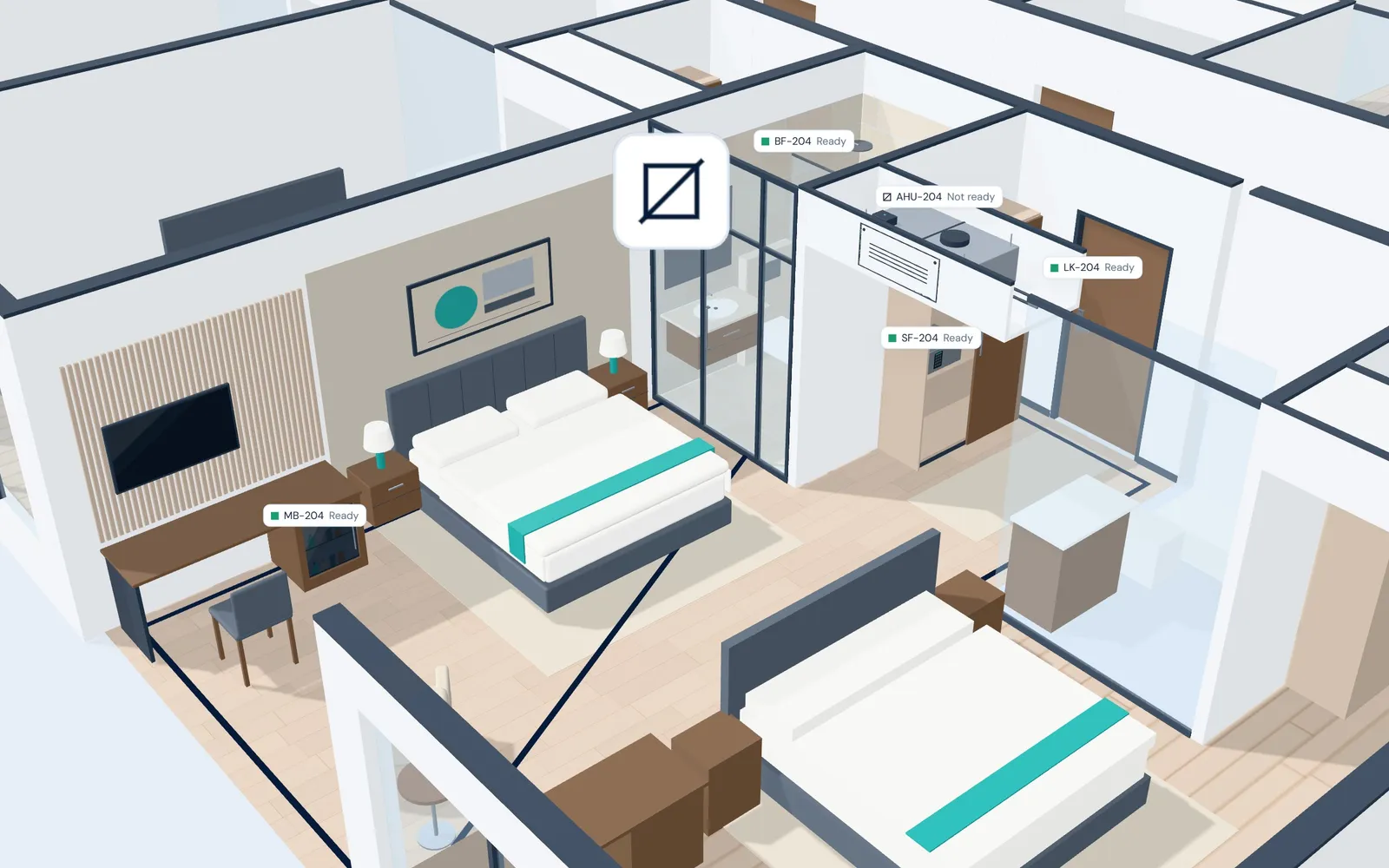 Room 204 in 3D with its 5 things labeled. Air handler AHU-204 is marked Not ready, and the minibar, door lock, in-room safe and bathroom fixtures are marked Ready.