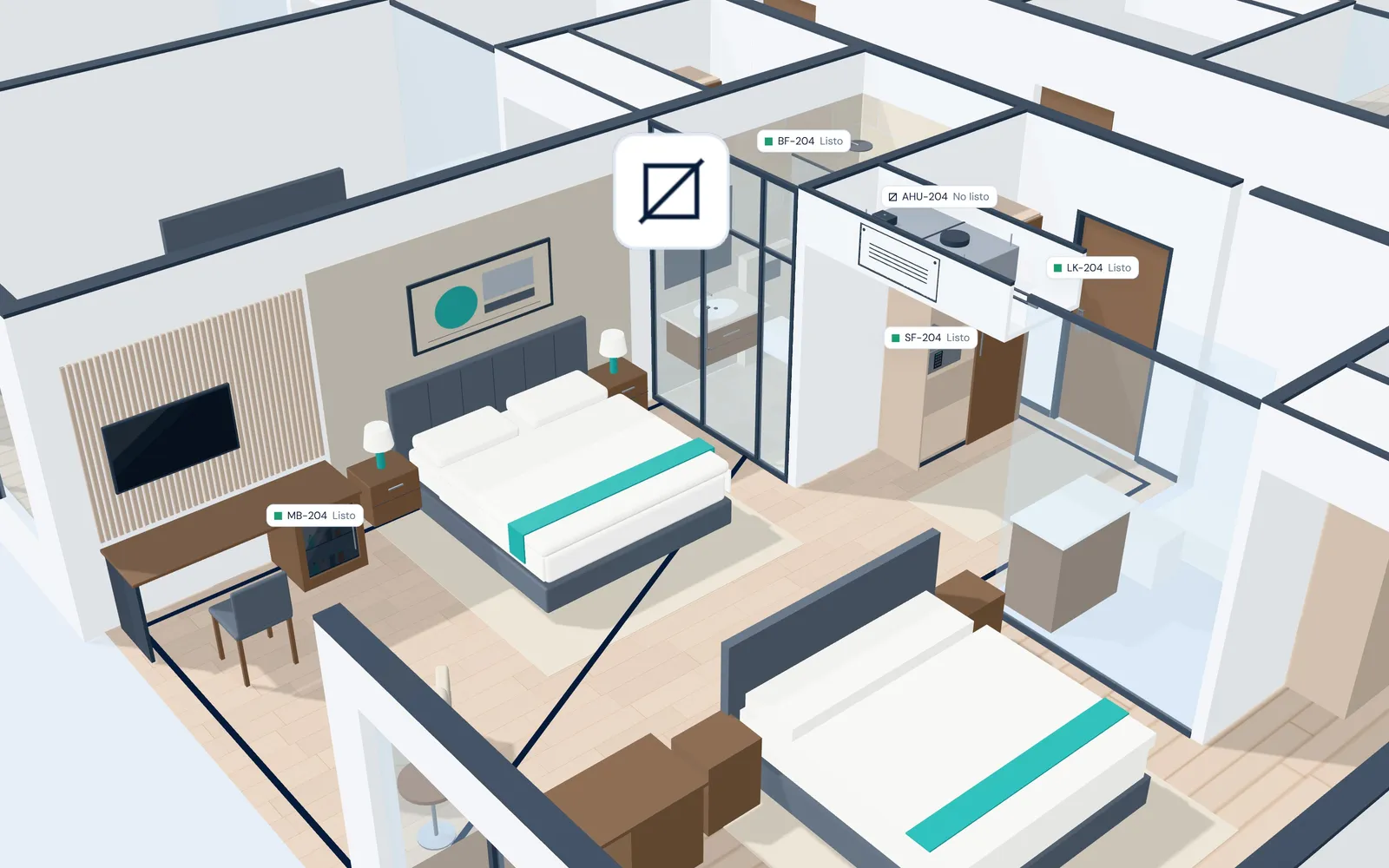 Room 204 en 3D con sus 5 elementos etiquetados. El climatizador AHU-204 sale como No listo, y el minibar, la cerradura, la caja fuerte y los sanitarios del baño como Listo.
